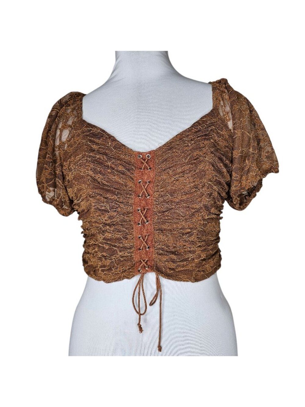 Meraki L Brown Crop Top Lace Up Puff Sleeve Milkmaid Whimsigoth Forest Fairy